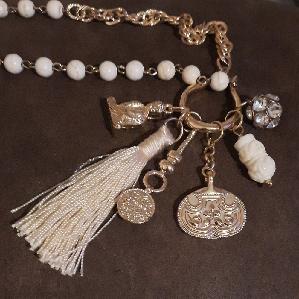 Buddha multi charm pendant gemstone bead goldtone necklace tassel Tribal - Picture 8 of 16